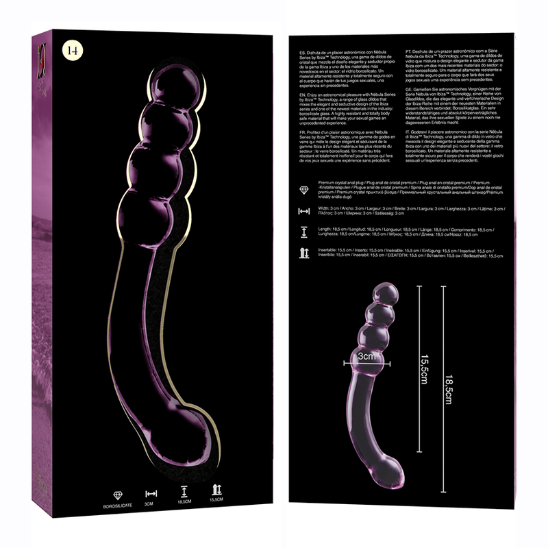 Boite et gode courbe en verre borosilicate teinte violet Nebula Series de 18,5 cm, manche a billes lisses et tete arrondie, visuel cote, surface non poreuse thermique.