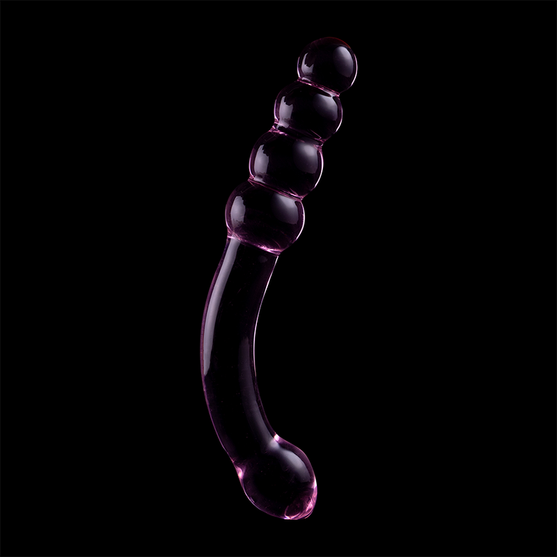 Gode courbe en verre borosilicate violet Nebula Series sur fond noir, manche a billes lisses et embout bombe, 18,5 cm, matiere non poreuse facile a nettoyer.