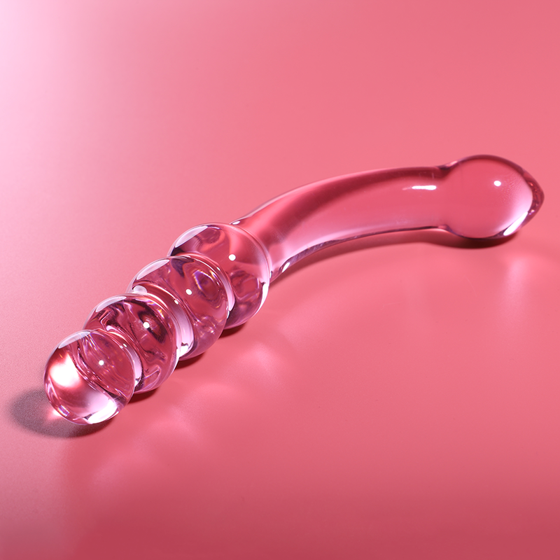 Gode courbe en verre borosilicate rose Nebula Series couche sur fond corail, manche a billes lisses et embout bombe, 18,5 cm, surface non poreuse pour point G.