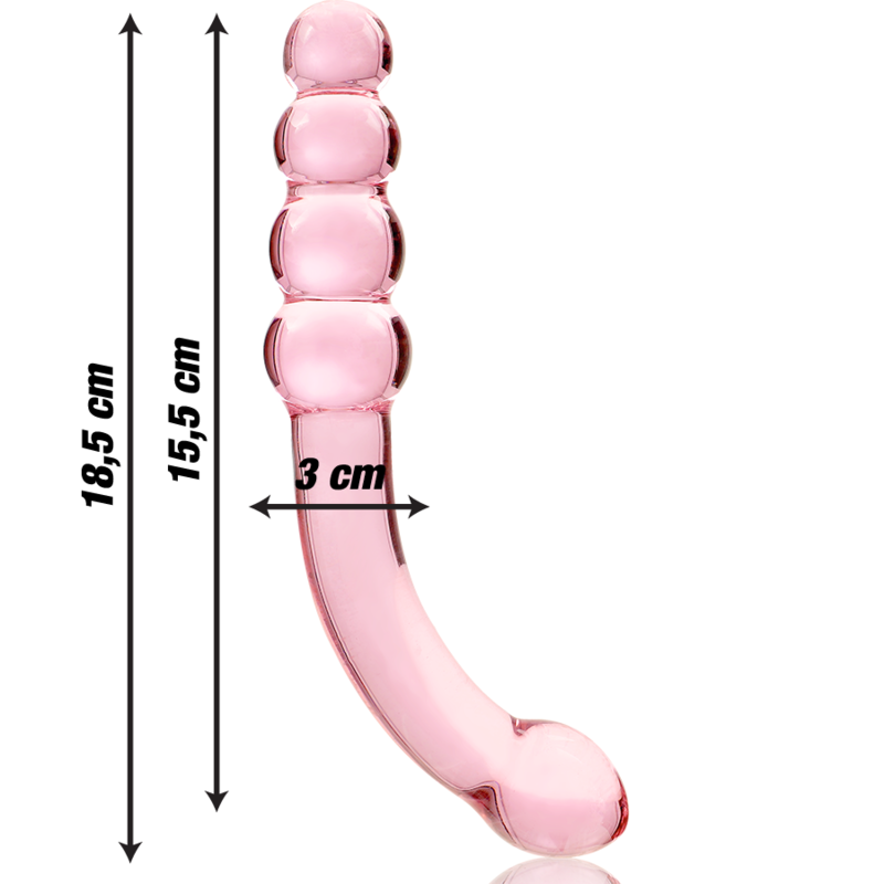 Schema du gode courbe en verre borosilicate rose Nebula Series, 18,5 cm de long, zone utile 15,5 cm et 3 cm de diametre, manche a billes lisses et embout bombe.