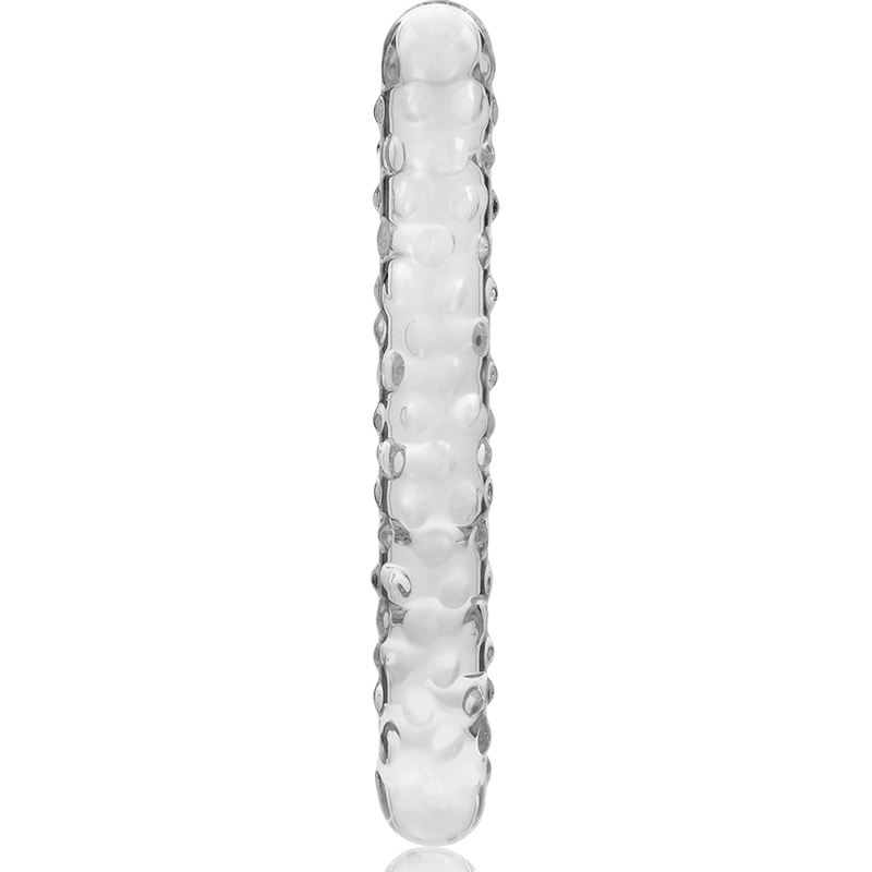 Double gode en verre borosilicate transparent Nebula Series, 18,5 cm, surface texturee de picots en relief sur toute la tige droite, deux extremites bombees non poreuses.