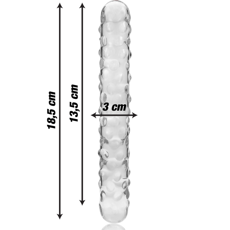 Schema du double gode en verre borosilicate Nebula Series, 18,5 cm de long, zone utile 13,5 cm et 3 cm de diametre, tige texturee de picots en relief, non poreux.