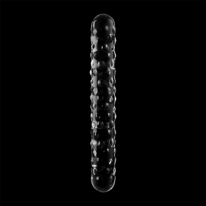 Double gode en verre borosilicate transparent Nebula Series sur fond noir, tige texturee de picots en relief et deux embouts bombes, 18,5 cm, matiere non poreuse thermique.