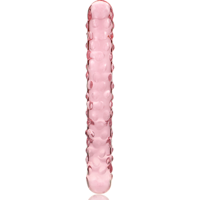 Double gode en verre borosilicate rose Nebula Series presente debout, tige texturee de picots en relief et deux embouts arrondis, 18,5 cm, matiere non poreuse thermique.