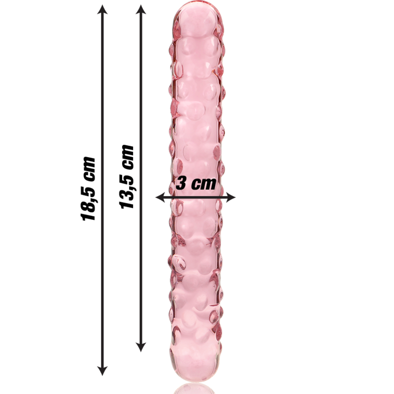 Schema du double gode en verre borosilicate rose Nebula Series, 18,5 cm de long, zone utile 13,5 cm et 3 cm de diametre, tige texturee de picots en relief, non poreuse.