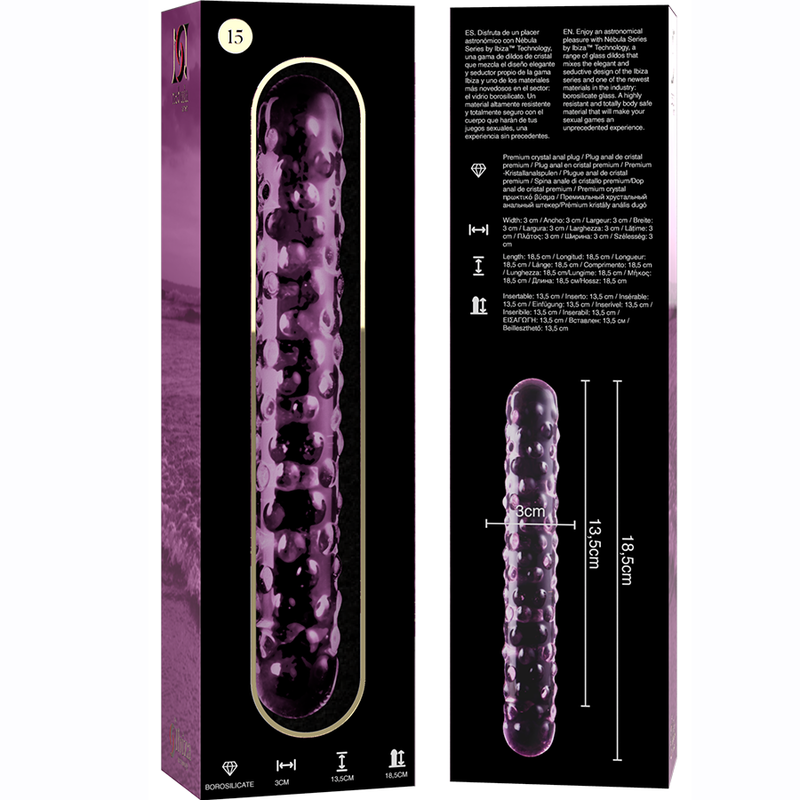 Boite et double gode en verre borosilicate teinte violet Nebula Series de 18,5 cm, tige texturee de picots en relief et embouts bombes, visuel cote, surface non poreuse.
