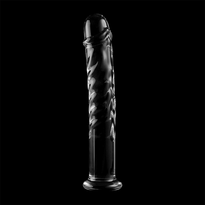 Gode en verre borosilicate transparent Nebula Series de 18,5 cm sur fond noir, tete sculptee marquee et fut texture en relief, base evasee, matiere non poreuse thermique.