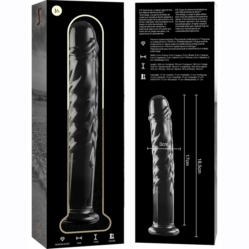Packaging Nebula Series du gode en verre borosilicate de 18,5 cm avec visuel cote, tete sculptee et fut strie en relief, base evasee, matiere non poreuse facile a nettoyer.