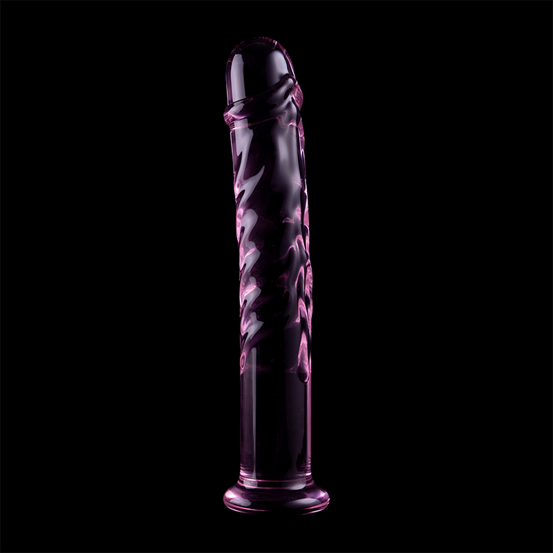 Gode en verre borosilicate teinte violet Nebula Series de 18,5 cm sur fond noir, tete sculptee et fut texture en relief, base evasee, matiere non poreuse thermique.