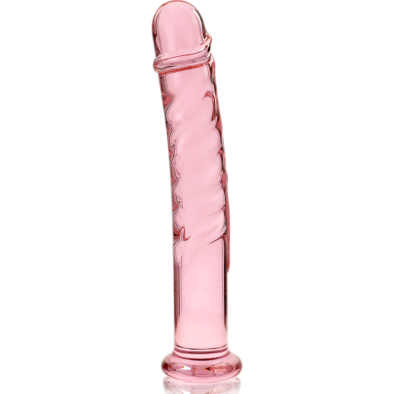 Gode en verre borosilicate rose Nebula Series de 18,5 cm presente debout, tete sculptee et fut texture en relief, base evasee de securite, matiere non poreuse thermique.
