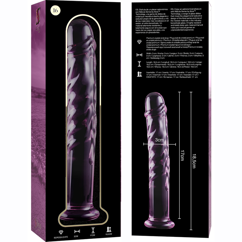 Boite et gode en verre borosilicate rose Nebula Series de 18,5 cm, tete sculptee et fut strie en relief, visuel cote, base large, surface non poreuse facile a nettoyer.
