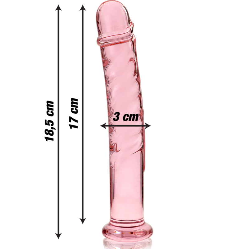 Schema du gode en verre borosilicate rose Nebula Series, 18,5 cm de long, zone utile 17 cm et 3 cm de diametre, tete sculptee et fut texture en relief, base de securite.