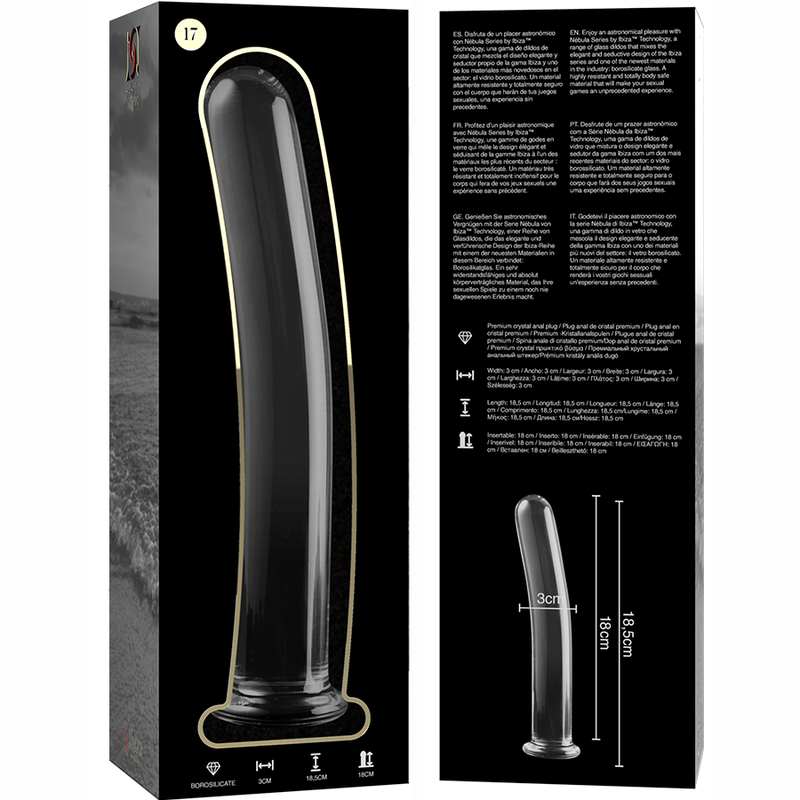 Packaging noir du gode en verre borosilicate Nebula Series, visuel de la tige transparente courbee et schema des dimensions, sextoy lisse non poreux a jeu de temperature.