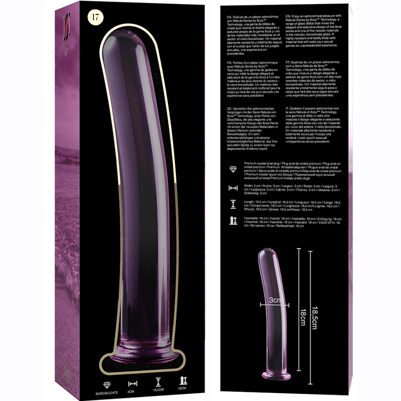 Packaging violet du gode en verre borosilicate Nebula Series avec notice et petit visuel de la tige lisse, sextoy transparent non poreux resistant aux chocs.