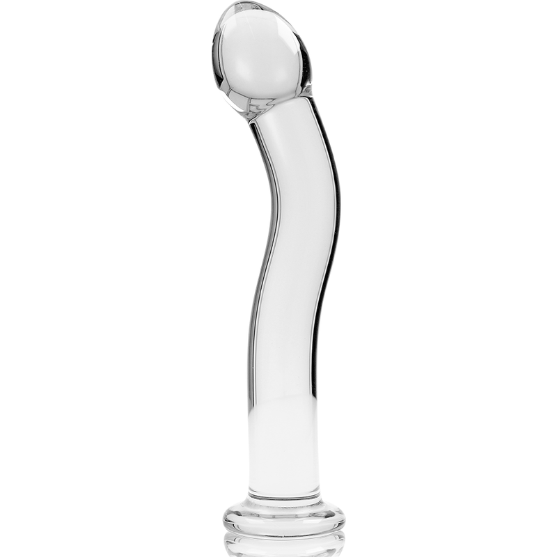 Gode en verre borosilicate transparent a tete bombee et tige ondulee lisse, base arrondie, sextoy non poreux au jeu de temperature sur fond clair.