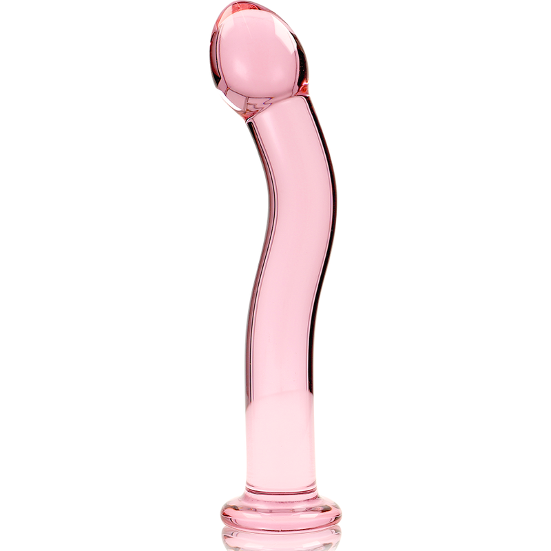Gode en verre borosilicate rose sur fond blanc, tete bombee et tige ondulee lisse avec base evasee, matiere non poreuse adaptee au jeu de temperature.