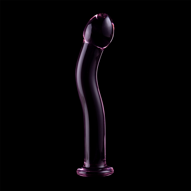 Gode en verre borosilicate a reflets violets sur fond noir, tete bombee et tige courbee lisse avec base rose evasee, surface non poreuse thermique.