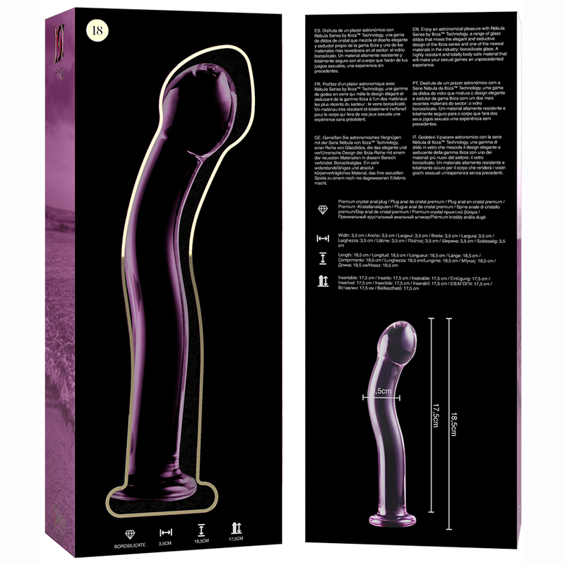 Boite du gode en verre borosilicate Nebula Series et notice avec schema de la tige a tete bulbe, sextoy violet transparent lisse non poreux a sensations thermiques.