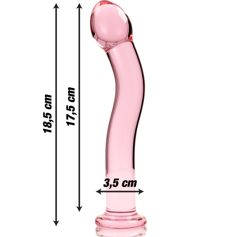 Gode rose en verre borosilicate avec cotes 18,5 cm et 3,5 cm de diametre, tete bombee et tige courbee lisse, base large, sextoy non poreux thermique.