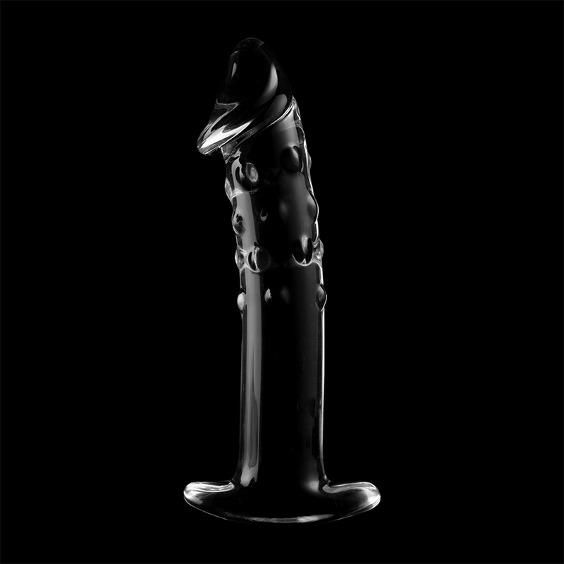 Gode en verre borosilicate transparent sur fond noir, modelage realiste avec gland marque et relief veineux, base evasee, surface non poreuse thermique.