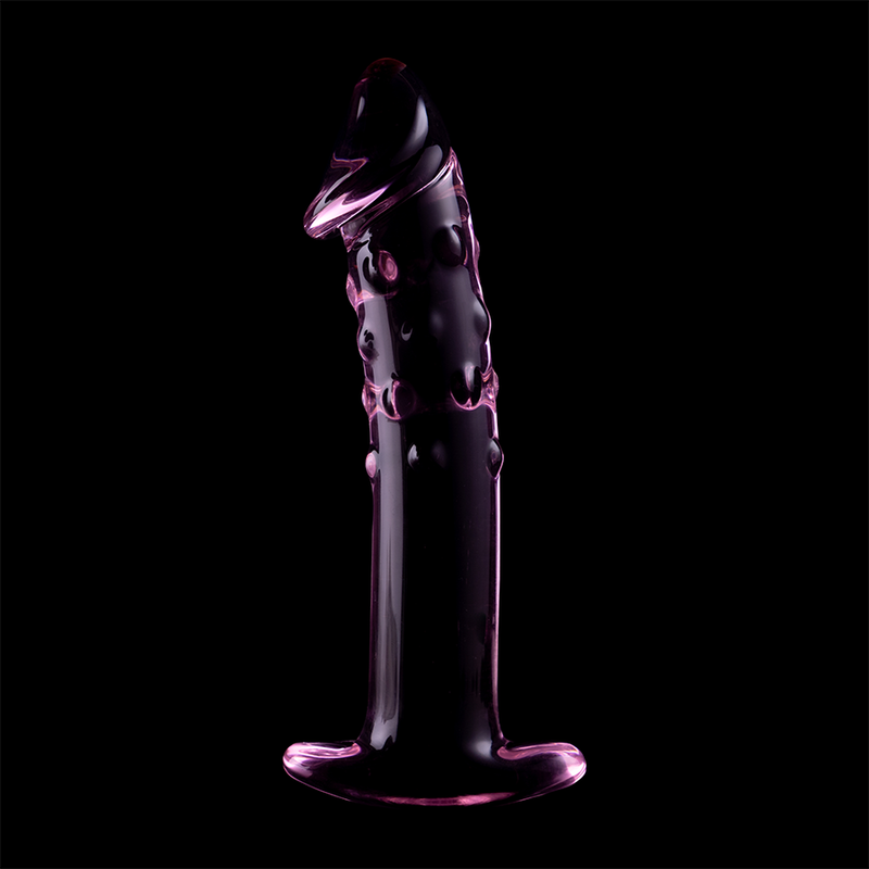 Gode en verre borosilicate a reflets violets sur fond noir, forme realiste a gland et veines en relief avec base rose evasee, surface non poreuse thermique.