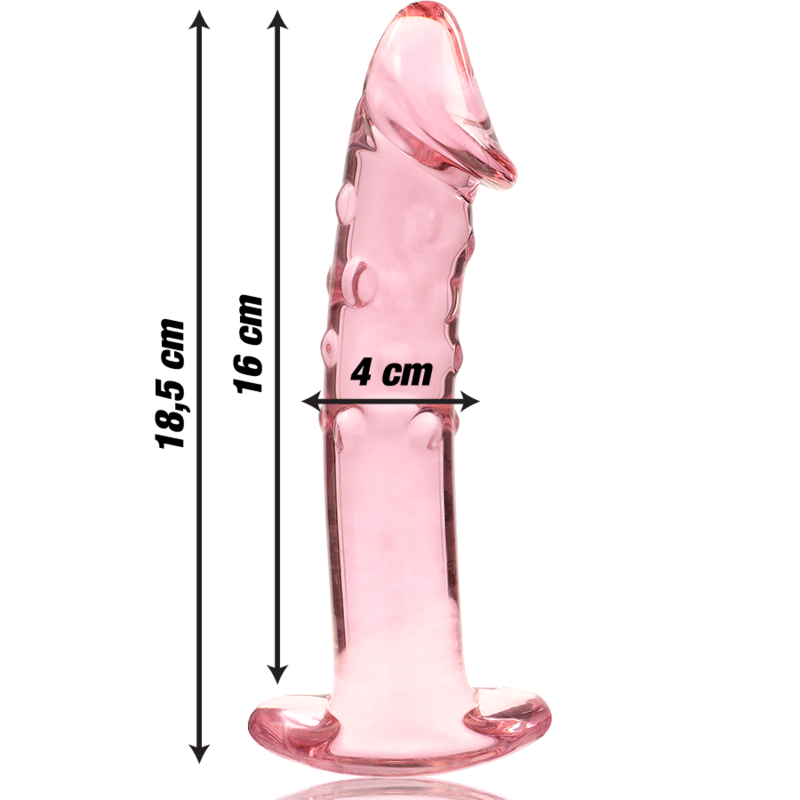 Gode rose en verre borosilicate realiste avec cotes 18,5 cm, 16 cm et 4 cm de diametre, gland et relief veineux, base large, sextoy non poreux thermique.