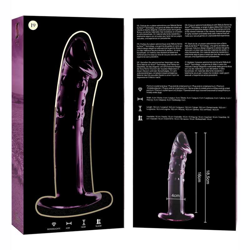 Boite du gode en verre borosilicate Nebula Series et notice avec schema de la tige realiste gland et veines, sextoy violet transparent non poreux thermique.