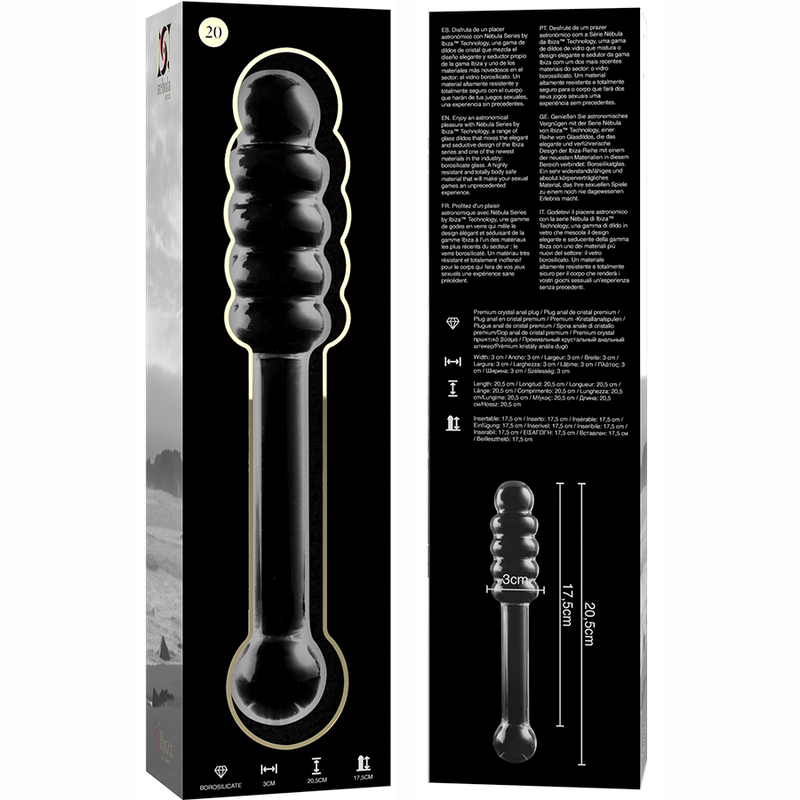 Packaging noir du gode en verre borosilicate Nebula Series avec notice et schema de la tige a anneaux, sextoy transparent lisse non poreux a jeu de temperature.