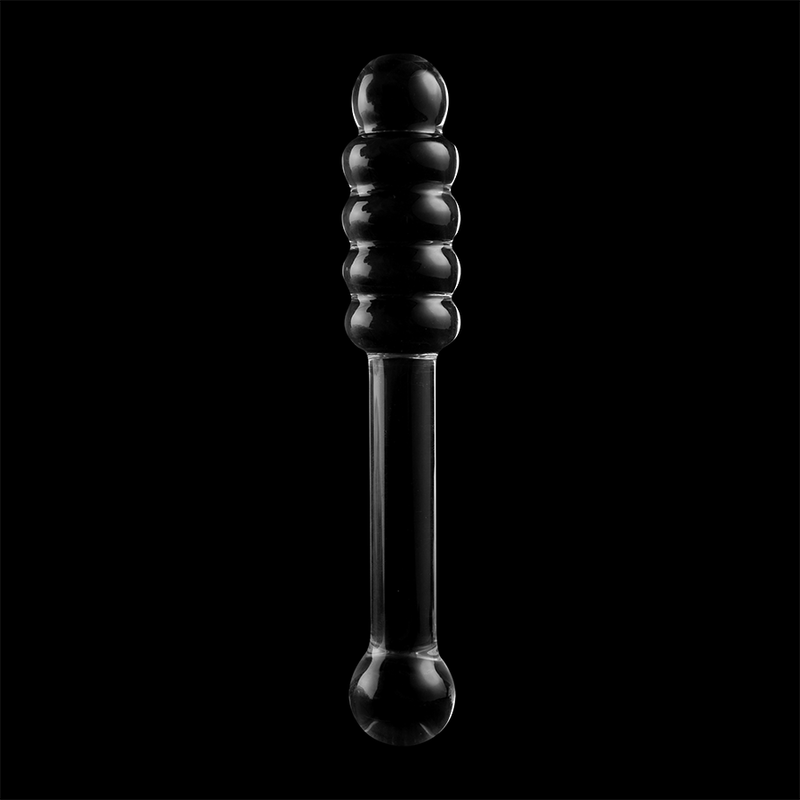 Gode en verre borosilicate a renflements anneles sur fond noir, embout spherique lisse et tige droite, matiere non poreuse resistante aux variations thermiques.