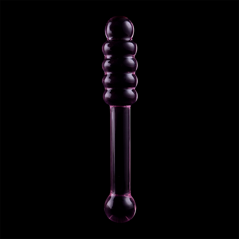 Gode en verre borosilicate a reflets violets sur fond noir, renflements anneles lisses et embout spherique, surface non poreuse adaptee a la temperature.