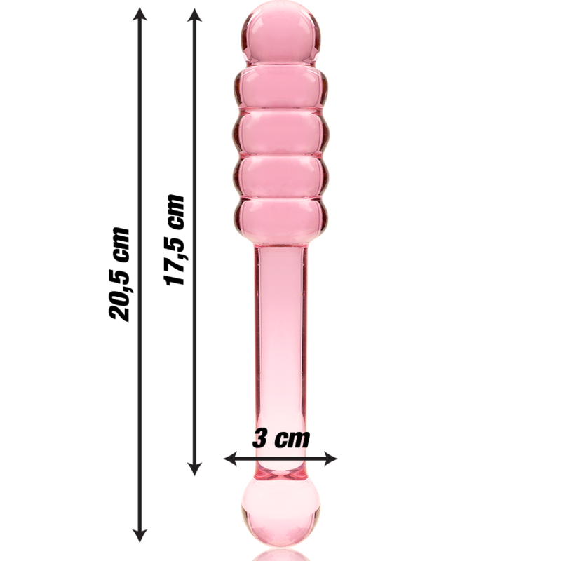 Gode rose en verre borosilicate annele avec cotes 20,5 cm, 17,5 cm et 3 cm de diametre, embout spherique lisse, sextoy non poreux a sensations thermiques.