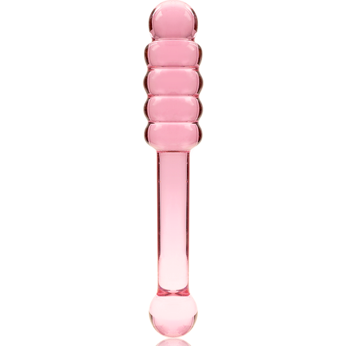Double gode en verre borosilicate rose a renflements anneles et embouts arrondis lisses, tige droite non poreuse a jeu de temperature sur fond blanc.