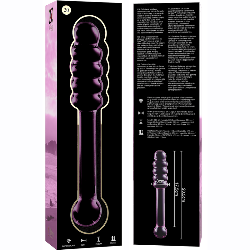 Boite du gode en verre borosilicate Nebula Series et notice avec schema de la tige a anneaux, sextoy violet transparent lisse non poreux a jeu de temperature.