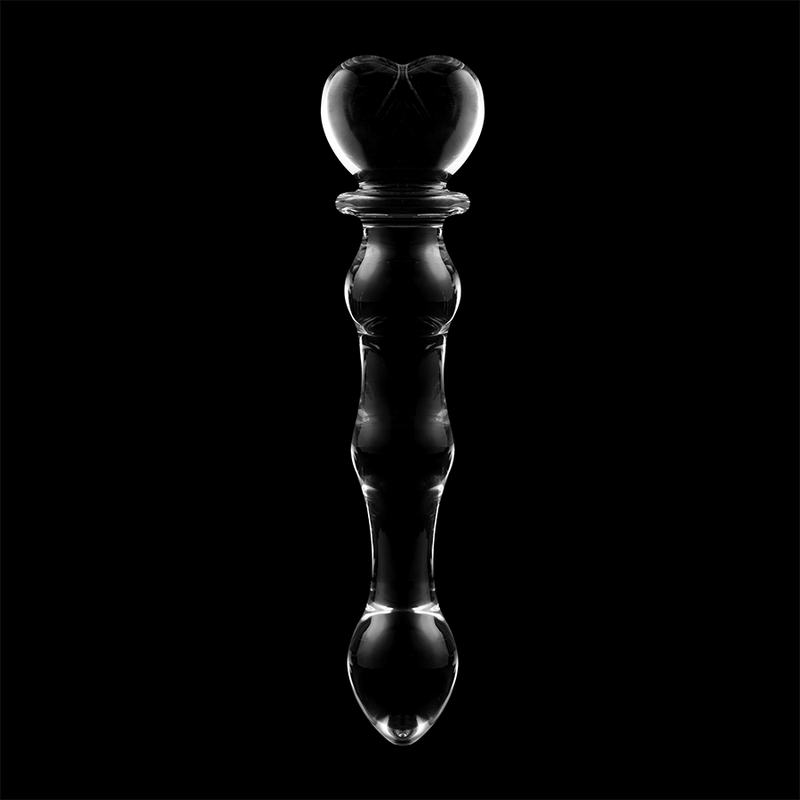 Gode en verre borosilicate a tete coeur sur fond noir, tige a perles lisses et embout arrondi, matiere non poreuse adaptee aux variations de temperature.