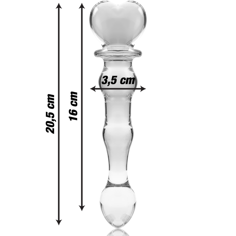 Gode en verre borosilicate a tete coeur avec cotes 20,5 cm, 16 cm et 3,5 cm de diametre, renflements perles lisses et embout arrondi, matiere non poreuse thermique.