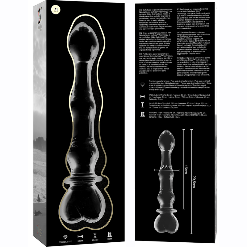 Boite du gode en verre borosilicate Nebula Series et notice avec schema de la tige a tete coeur, sextoy transparent lisse non poreux resistant aux chocs.
