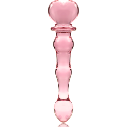 Gode en verre borosilicate rose a tete en forme de coeur et tige a perles lisses, embout arrondi, sextoy non poreux a jeu de temperature sur fond blanc.