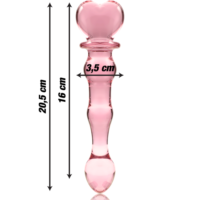 Gode rose en verre borosilicate a tete coeur avec cotes 20,5 cm, 16 cm et 3,5 cm de diametre, perles lisses et embout arrondi, sextoy non poreux thermique.