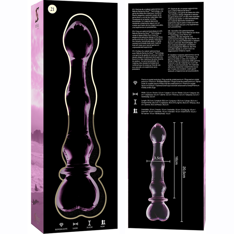 Packaging violet du gode en verre borosilicate Nebula Series avec notice et schema de la tige a tete coeur, sextoy transparent lisse non poreux a sensations thermiques.