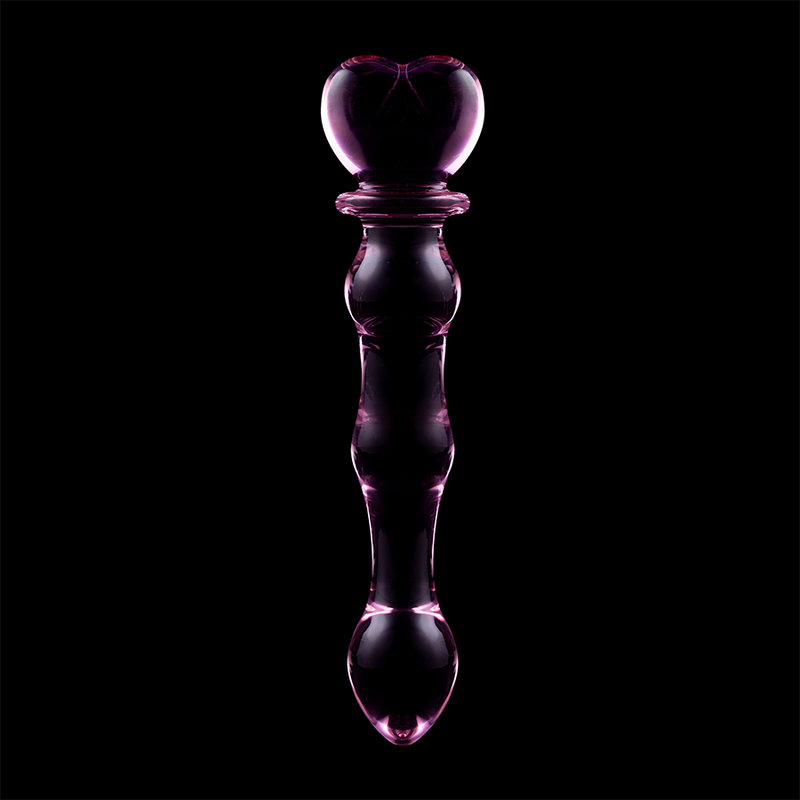 Gode en verre borosilicate a reflets violets et tete coeur sur fond noir, tige a perles lisses et embout arrondi, surface non poreuse adaptee a la temperature.