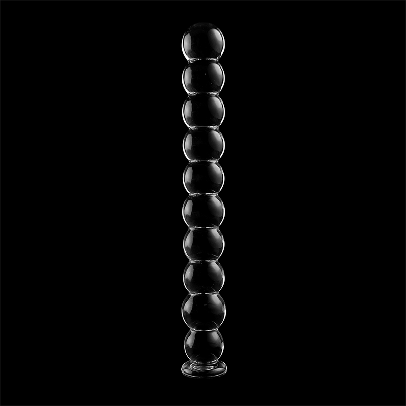Chapelet anal en verre borosilicate a billes lisses sur fond noir, perles graduees et embout arrondi, matiere non poreuse resistante aux variations thermiques.