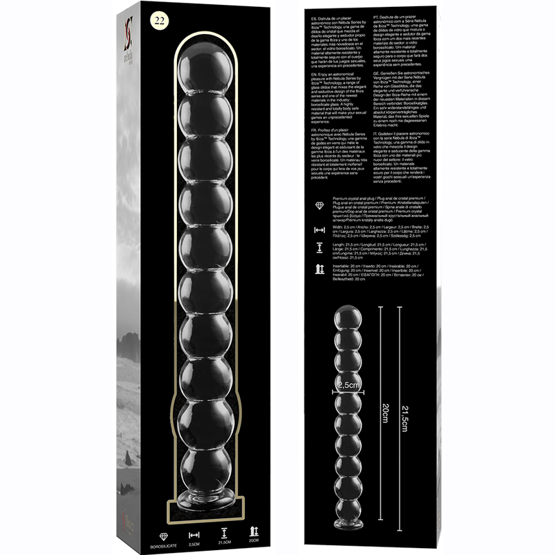 Packaging noir du chapelet anal en verre borosilicate Nebula Series avec notice et schema de la tige a billes, sextoy transparent lisse non poreux thermique.