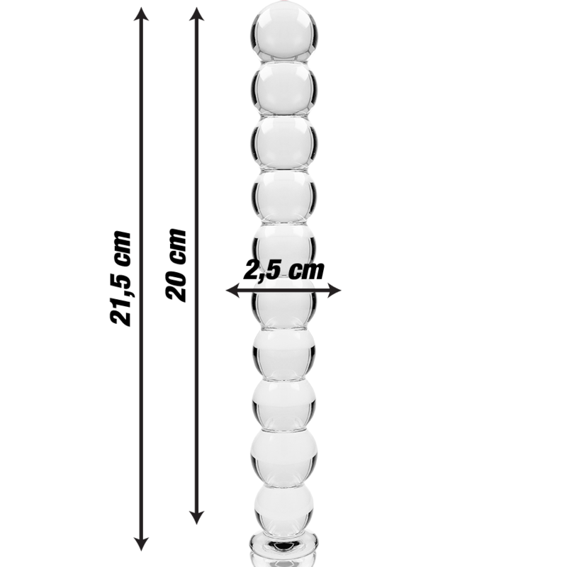 Chapelet anal en verre borosilicate a billes avec cotes 21,5 cm, 20 cm et 2,5 cm de diametre, perles lisses graduees, matiere non poreuse thermique.
