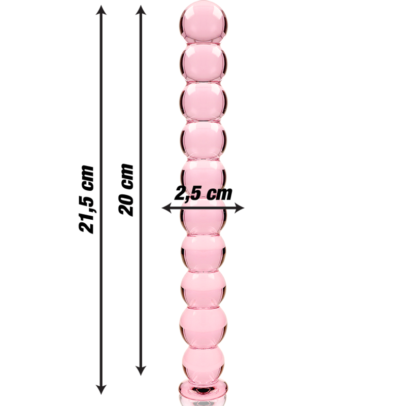 Chapelet anal rose en verre borosilicate a billes avec cotes 21,5 cm, 20 cm et 2,5 cm de diametre, perles lisses graduees, sextoy non poreux thermique.