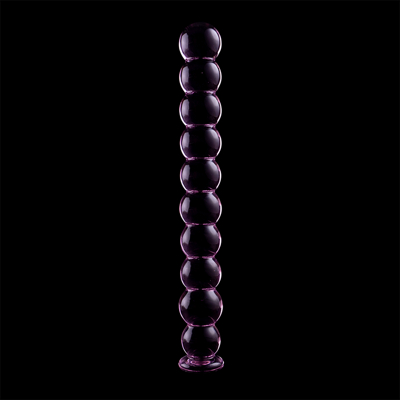 Chapelet anal en verre borosilicate a reflets violets sur fond noir, billes lisses graduees et embout arrondi, surface non poreuse adaptee a la temperature.