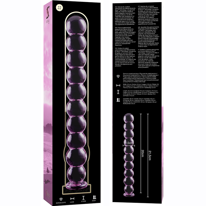 Boite du chapelet anal en verre borosilicate Nebula Series et notice avec schema de la tige a billes graduees, sextoy violet transparent lisse non poreux thermique.