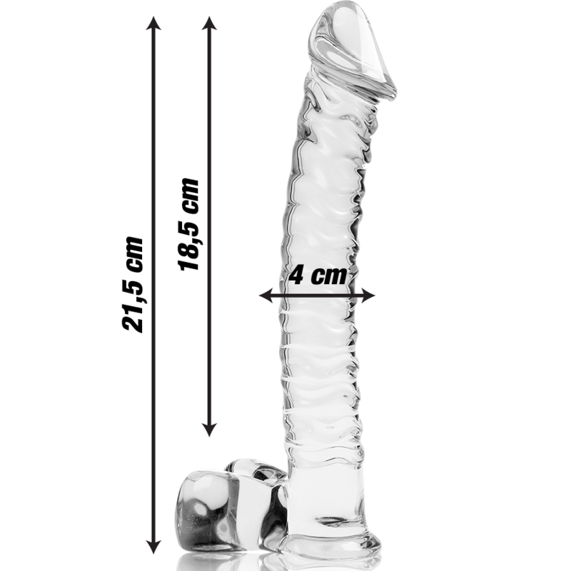 Gode en verre borosilicate realiste avec cotes 21,5 cm, 18,5 cm et 4 cm de diametre, gland, relief veineux et base testiculaire, matiere non poreuse thermique.