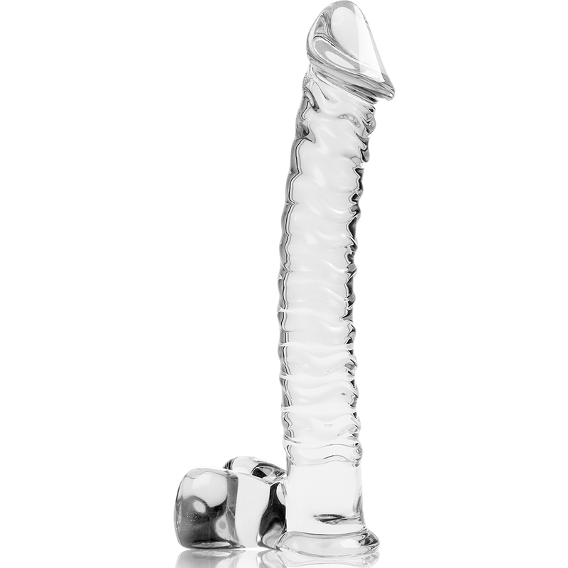 Gode en verre borosilicate transparent a forme realiste avec gland, relief veineux et base testiculaire, tige texturee, sextoy non poreux a jeu de temperature.