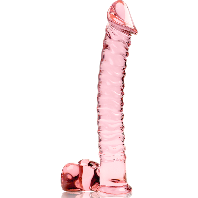 Gode en verre borosilicate rose sur fond blanc, modelage realiste avec gland, relief veineux et base testiculaire, matiere non poreuse adaptee a la temperature.