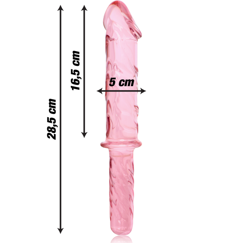 Double gode rose en verre borosilicate realiste avec cotes 28,5 cm, 16,5 cm et 5 cm de diametre, embout gland, veines et manche torsade, sextoy non poreux thermique.